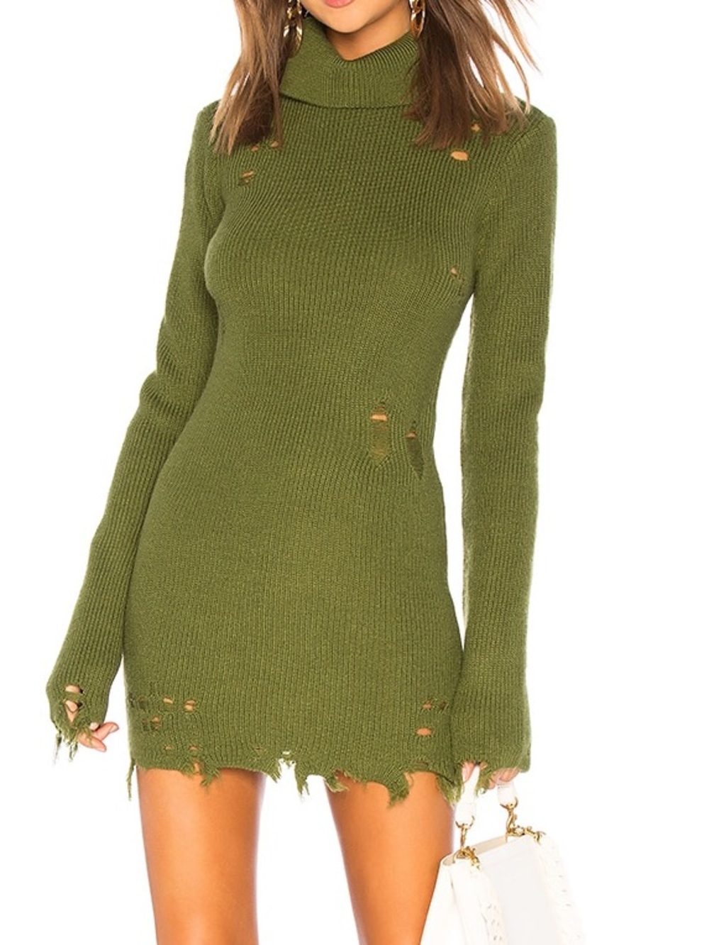 Lovers + Friends Keeney Dress in Olive Green Size Large NEW Distressed Knit Chic